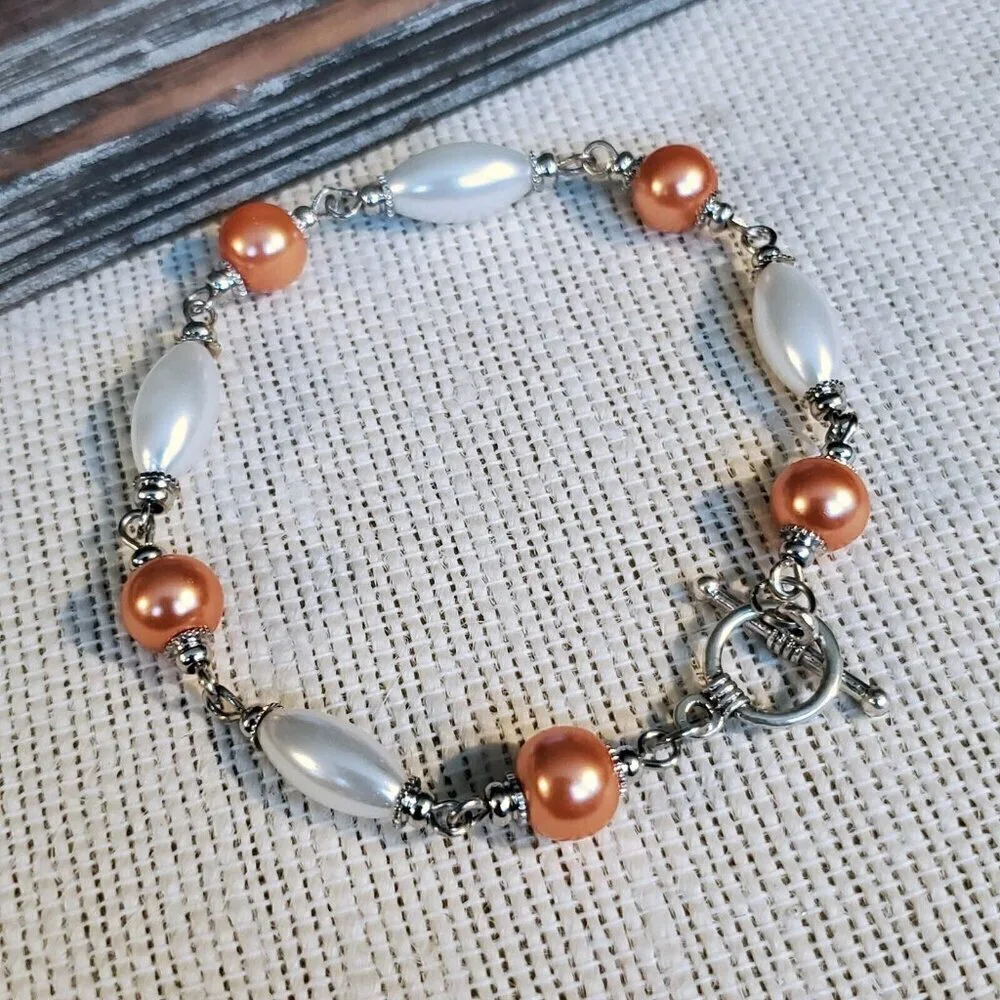 Glass Pearl Bracelet Silver White Orange Peach